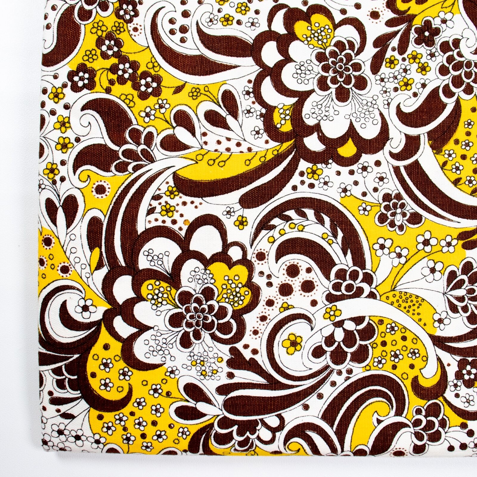 Vtg Cotton Fabric Funky Flower Power Yellow Brown Floral 1970s Groovy Paisley