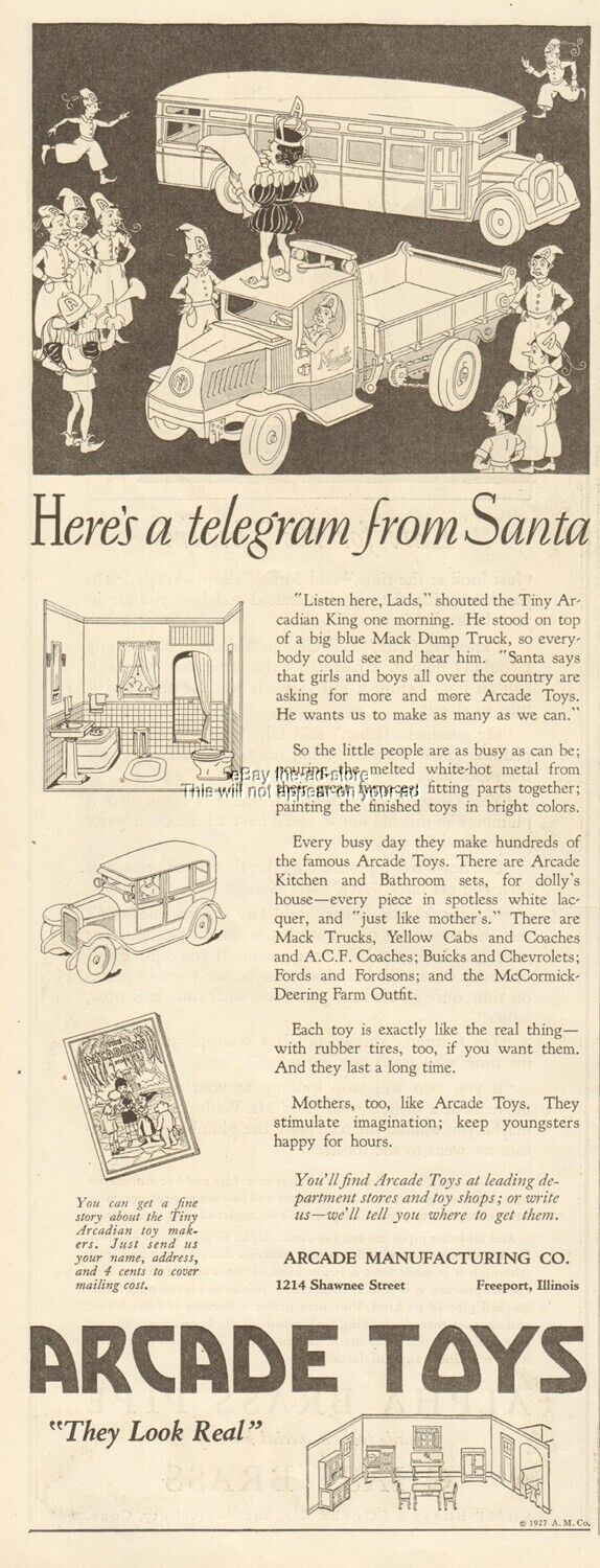 1927 Arcade Cast Iron Toy  Ad Mack Dump Truck Christmas Bus Kitchen Doll House