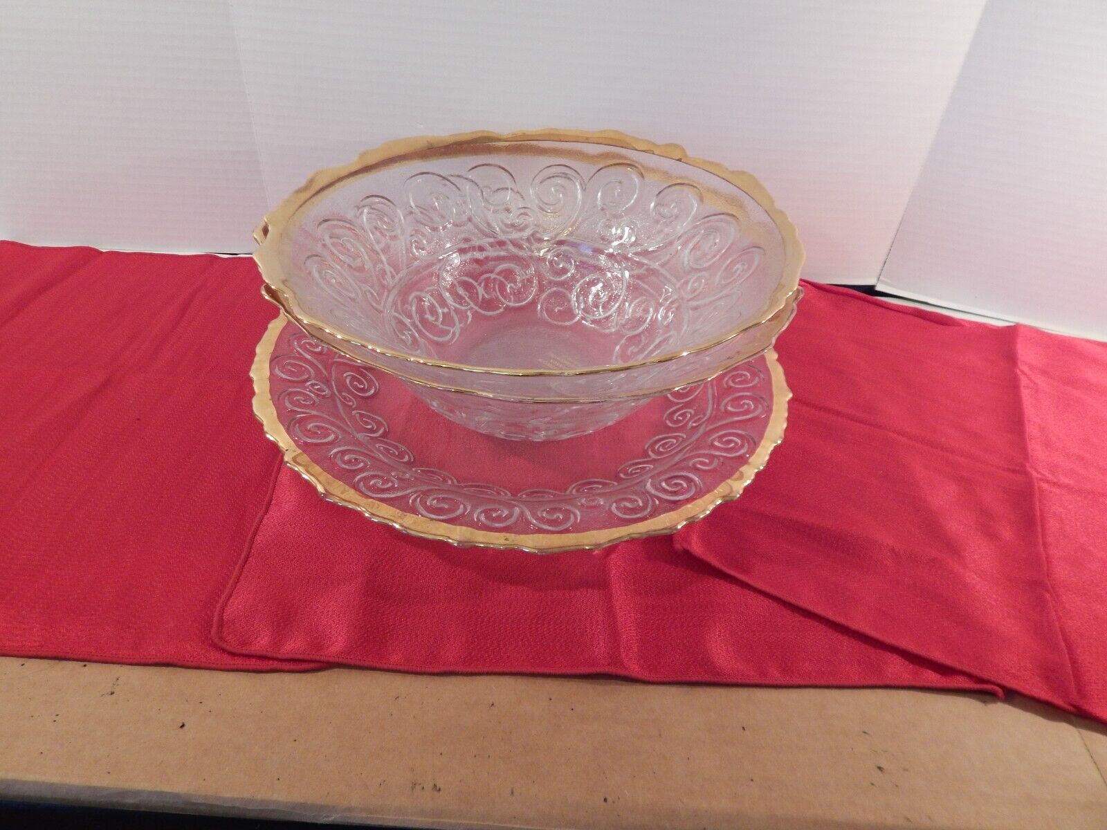 Two Italian Glass Punch  Bowls & Platter Scroll Design with Gold Trim