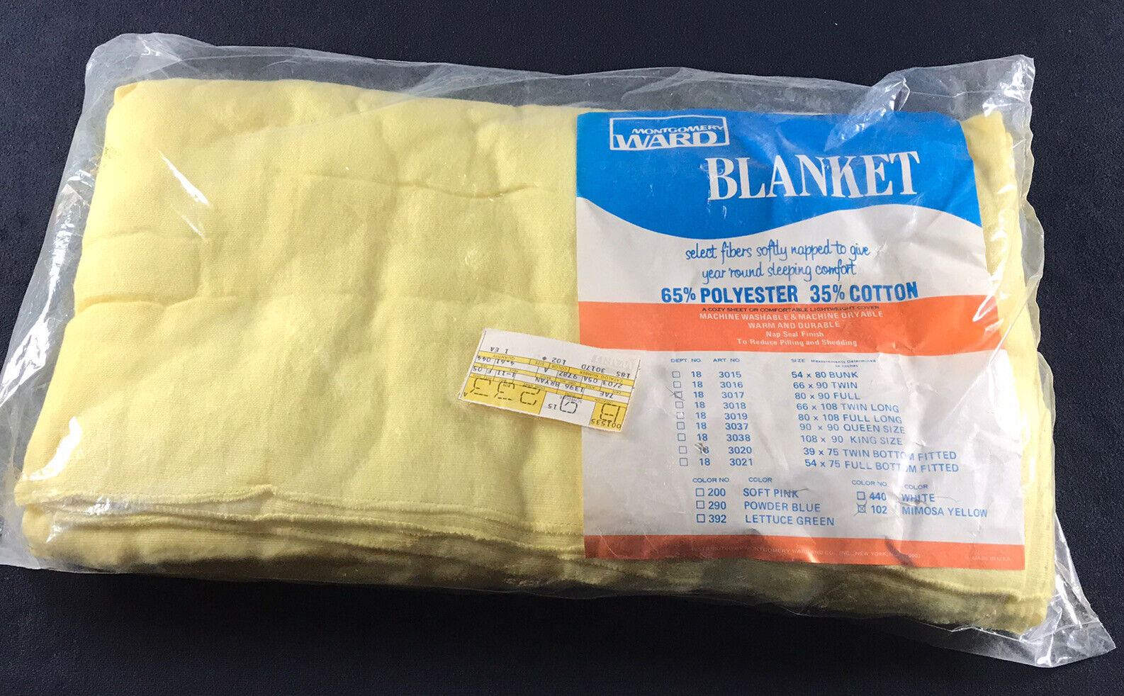 Vintage Montgomery Ward Blanket Mimosa Yellow 80X90 Full/Double New Old Stock