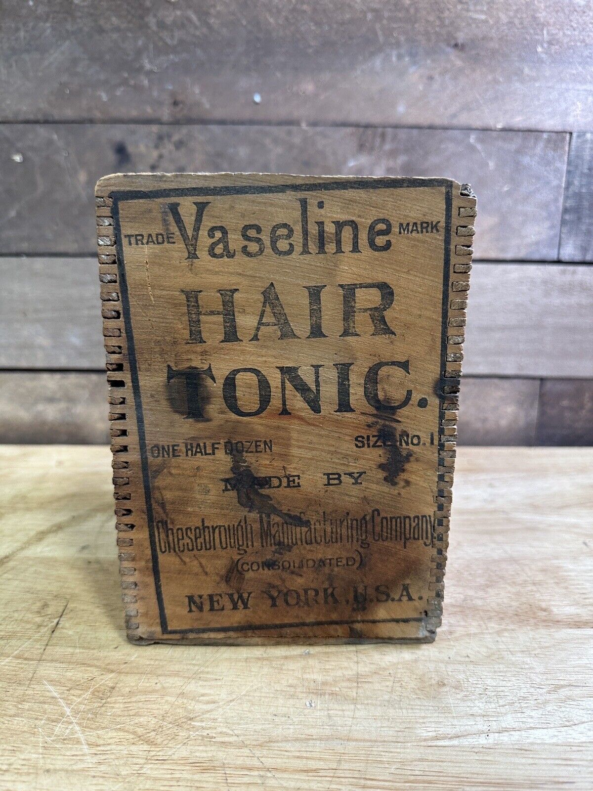 Antique Vaseline Hair Tonic Half Dozen Size Wooden Box No Lid New York 