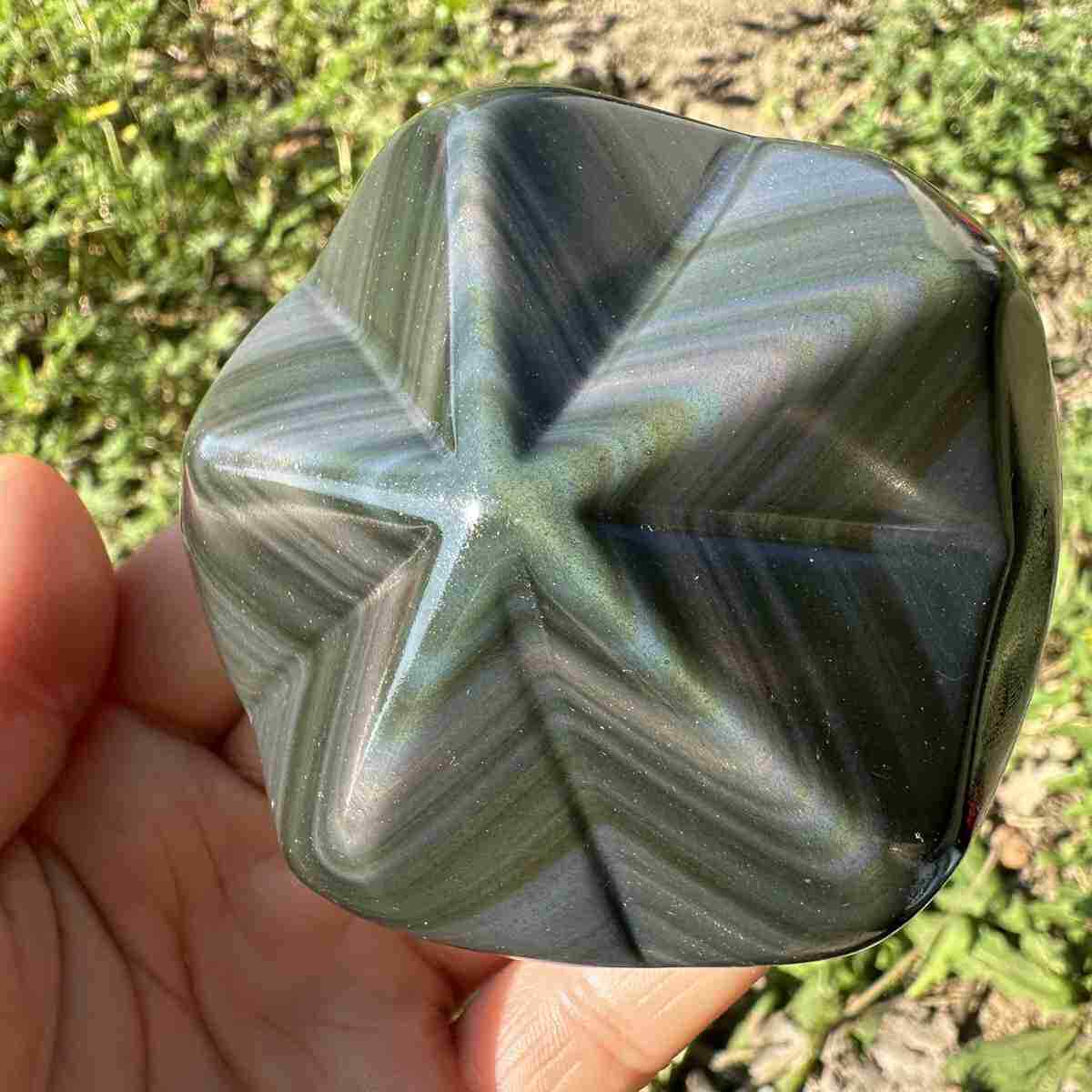260g Natural Rainbow Cat's eye Obsidian Quartz Palm Crystal Healing Gift Decor 