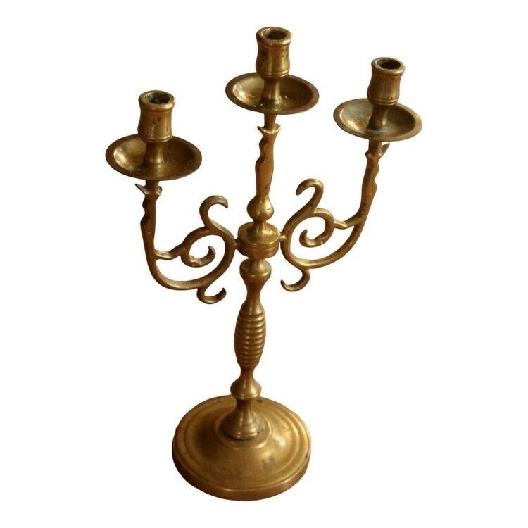 ANTIQUE 17TH CENTURY FRENCH STYLE BRONZE/BRASS PRICKET CANDLESTICK HOLDER 3 ARMS