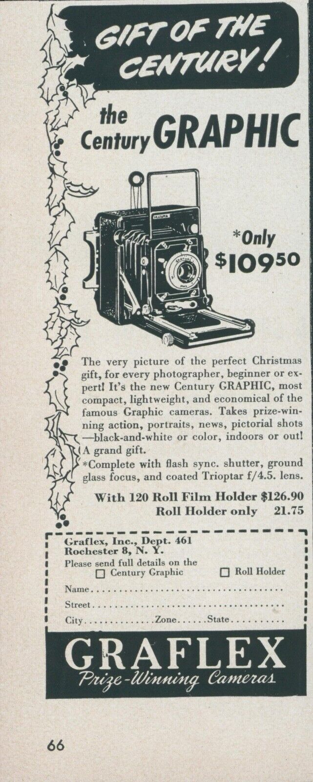 1950 Graflex Cameras Century Graphic Gift Of Century Vintage Print Ad L12