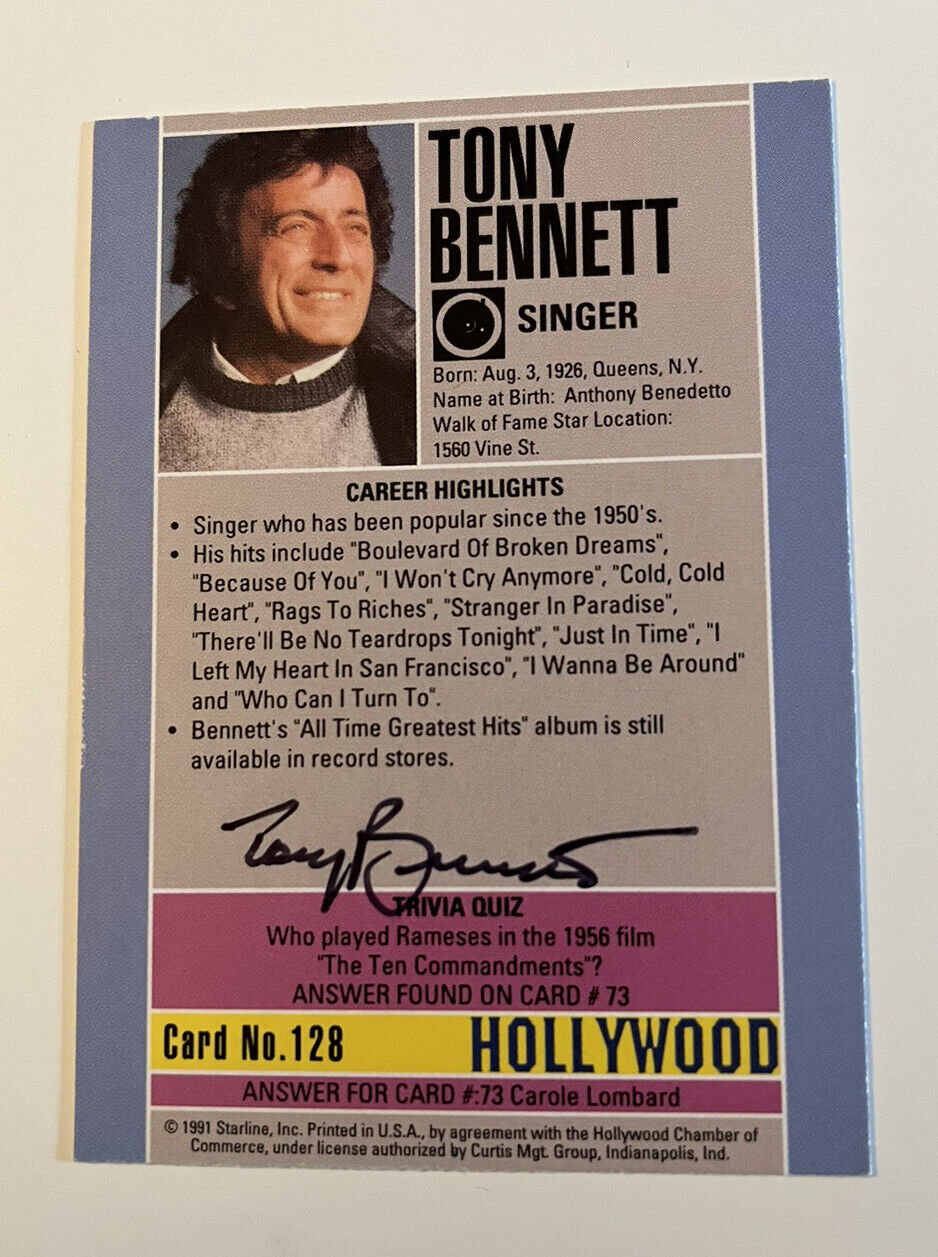 1991 Hollywood Walk Of Fame Tony Bennett SIGNED AUTO Autograph Card Music Artist