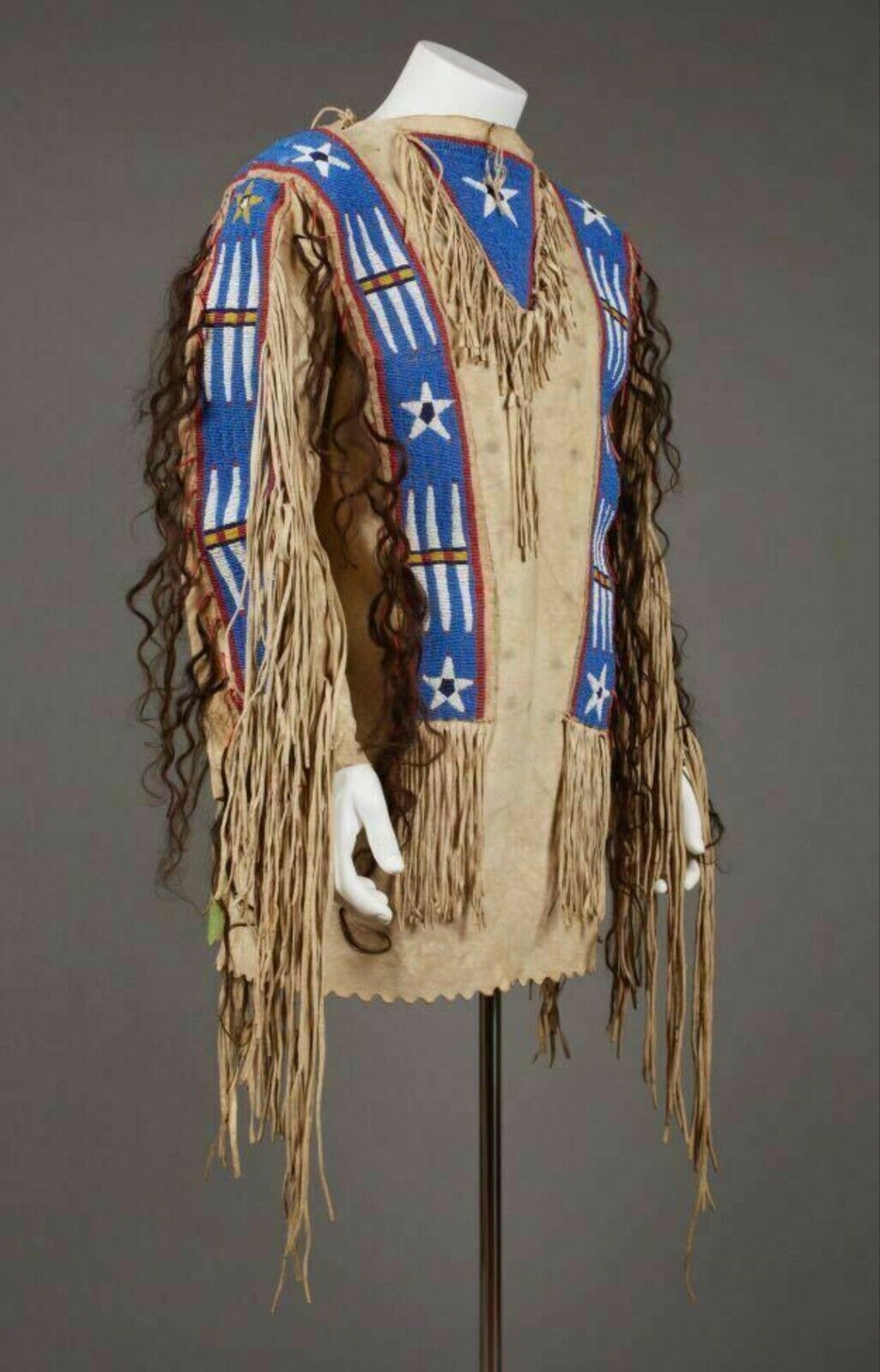 Old 1800 Style Beige Buckskin Suede Leather Beaded Fringe Powwow War Shirt SX327