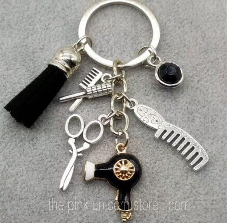 Brand New Cute Hair Stylist Barber Shears & Comb Black Tassel Silver Keychain