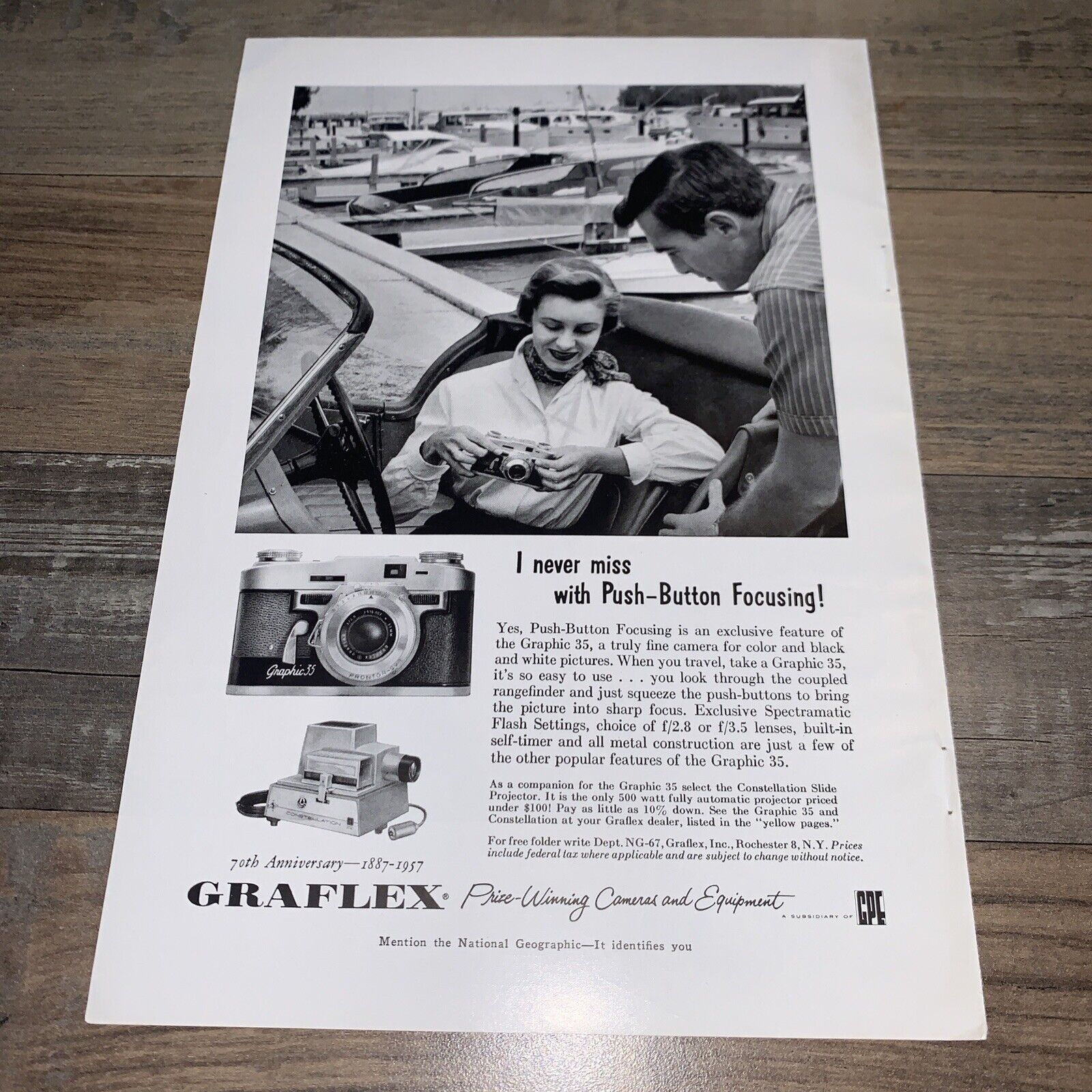 1957 Graflex Camera Vintage Print Ad Never Miss With Push Button Focusing
