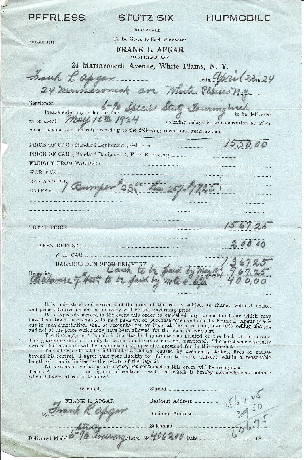 Bill of sale 6-90 Special Stutz Touring CAR may 10 1924