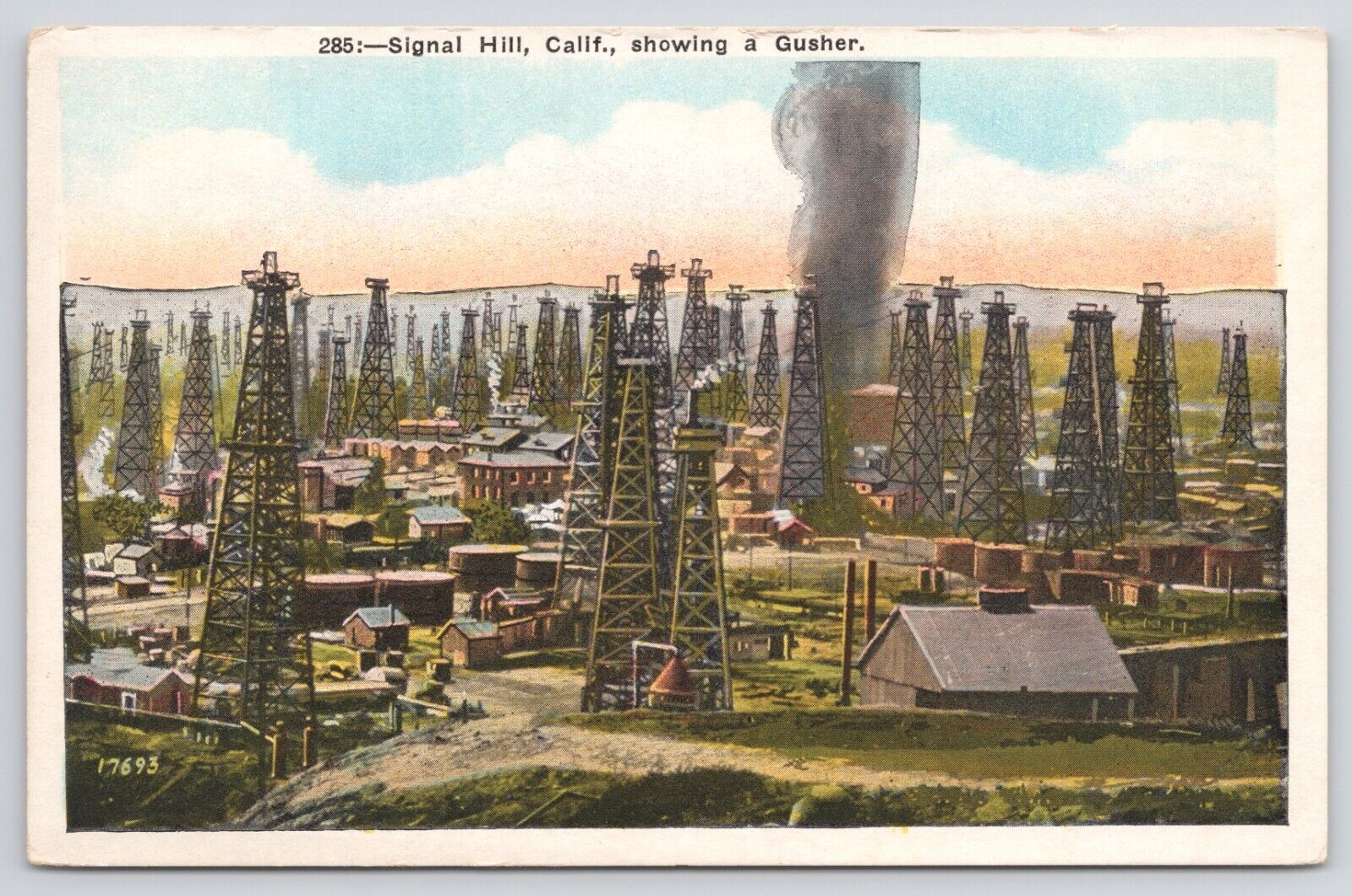 Long Beach California Signal Hill Oil Gusher White Border Postcard