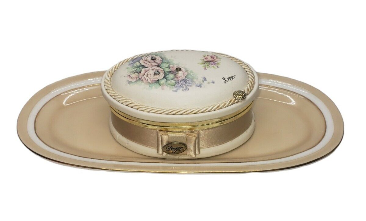 Vintage Berger Italian Porcelain Trinket Hinged Floral Jewelry  Box , W Tray