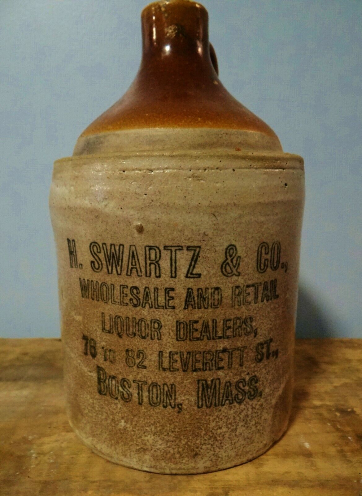 c1890s H Swartz & Co Liquor Dealer Boston Mass Stoneware Whiskey Jug Pre Pro HTF