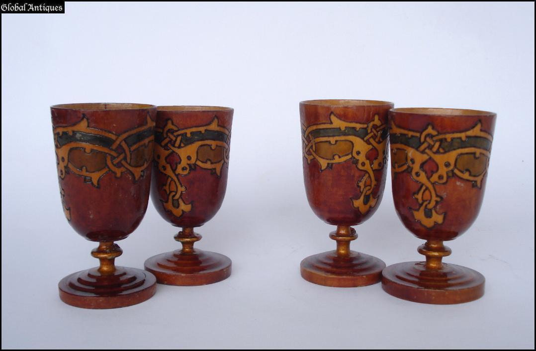 19C. ANTIQUE IMPERIAL RUSSIAN SET - 4 HANDMADE WOOD CUPS
