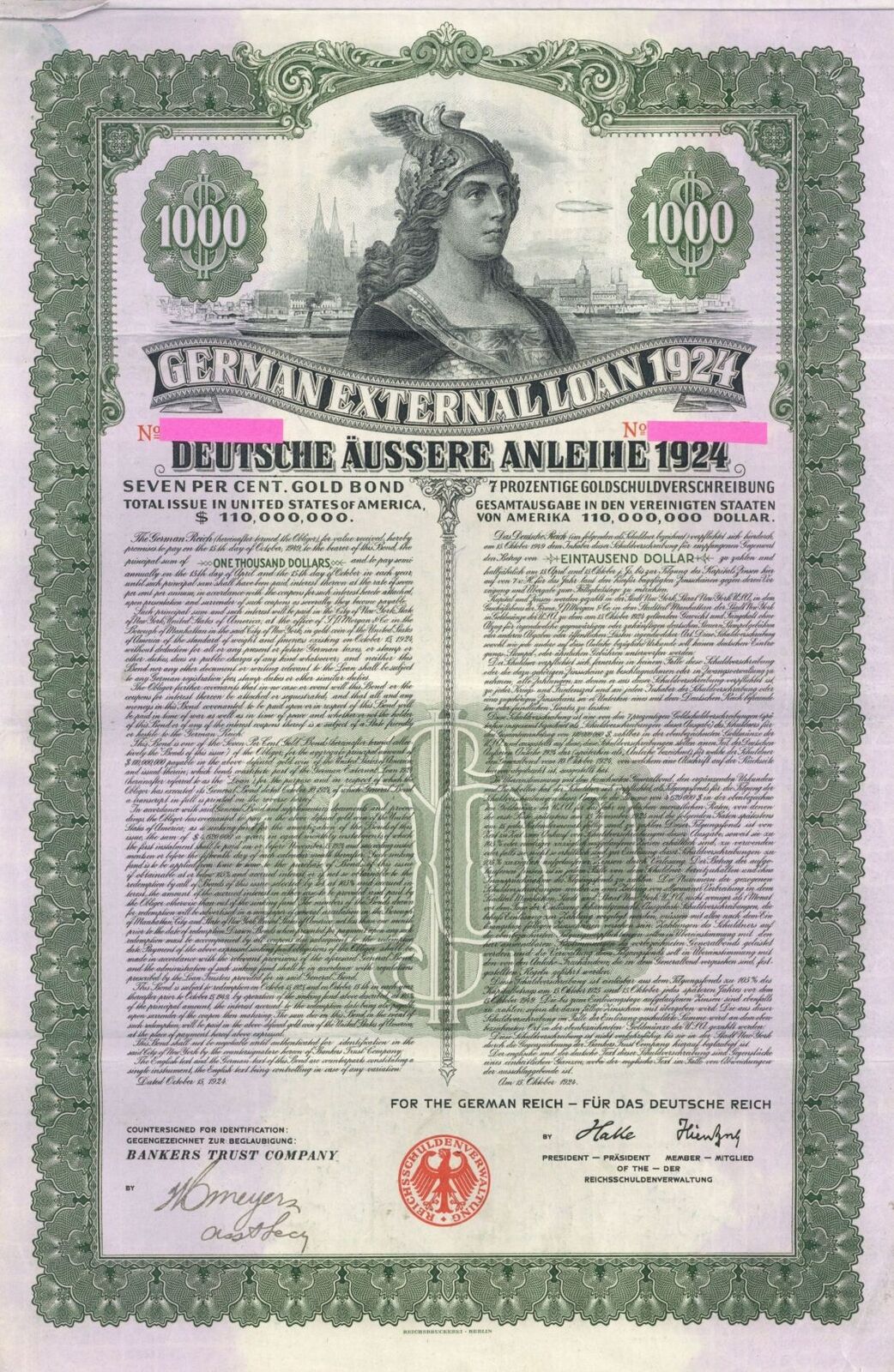 German Dawes External Gold Loan 7% 1924 $1,000US Bond with PASS-CO AUTHENTICATIO