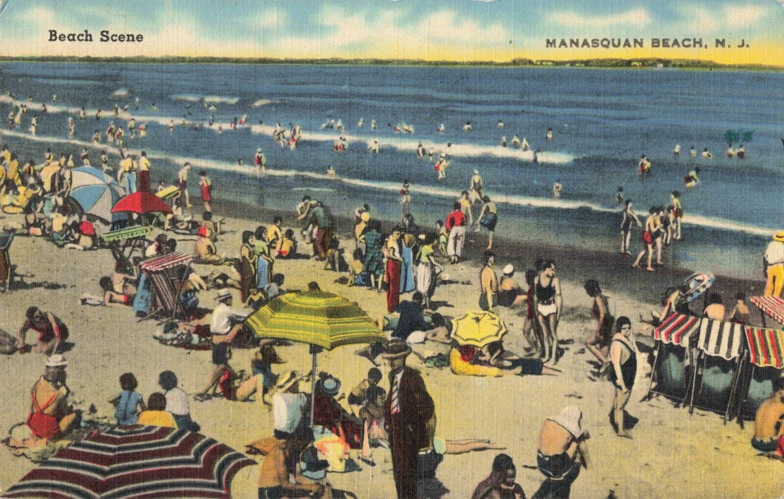 Beach Scene Manasquan Beach New Jersey NJ Linen 1943 Postcard