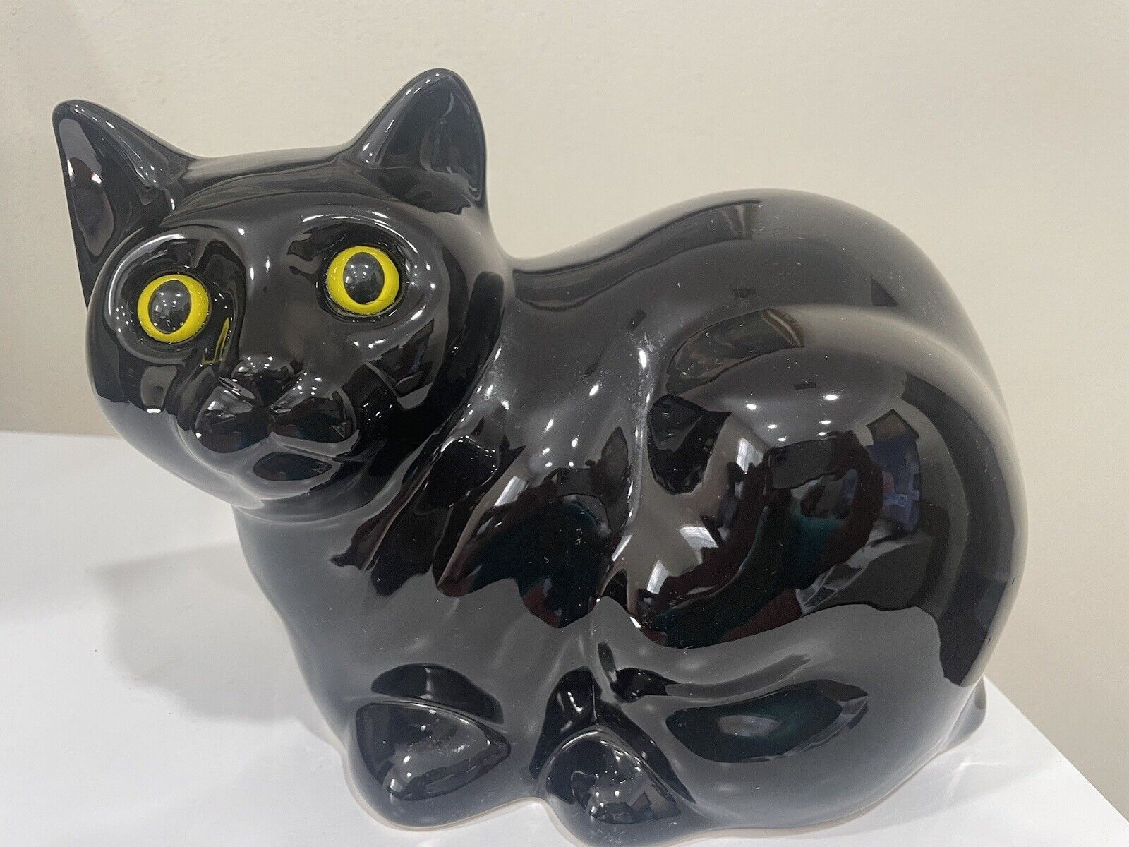 Large Ceramic Black Cat Yellow Glass Eyes.10” Long 7” Tall. READ.