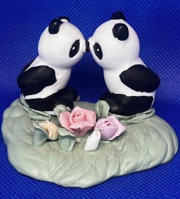 Vintage Playfull Panda Bears Kiss Roses Bisque Figurine
