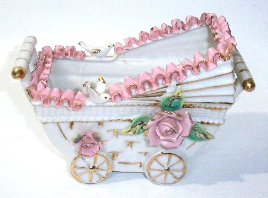 Hand Painted Royal Bone China Pink Lace & Doves Baby Carriage Nursery Planter