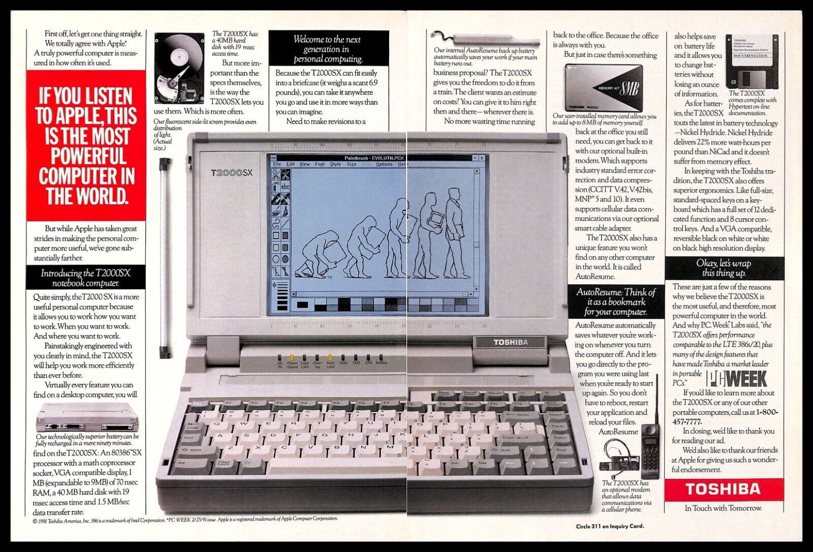 1991 Toshiba T2000SX Notebook Computer PRINT AD Retro Computers PC Technology