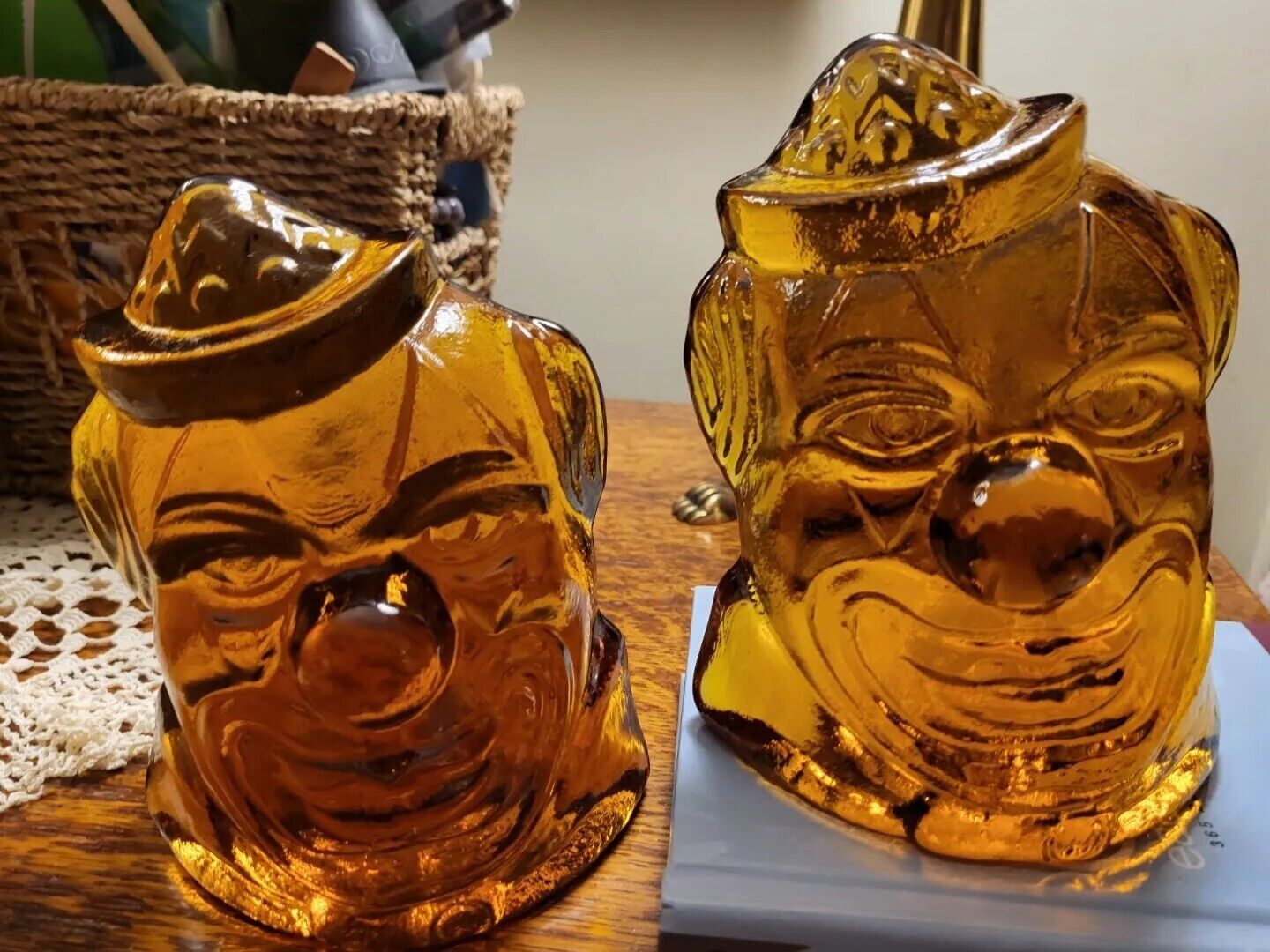 Vtg Wheaton Pair of Amber Glass Clown Head Bookends Heavy As Found