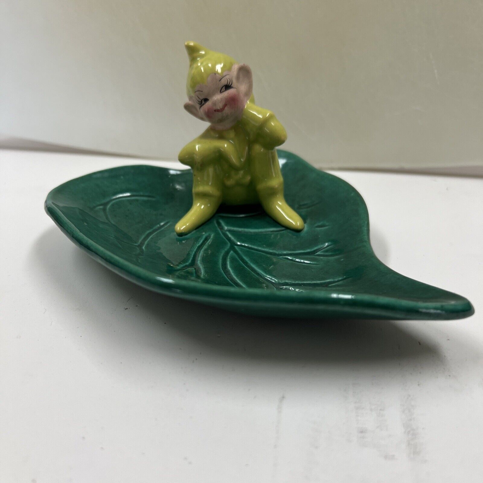 Vintage Christmas Pixie Elf Leprechaun Figurine On Green Leaf Candy Nut Dish