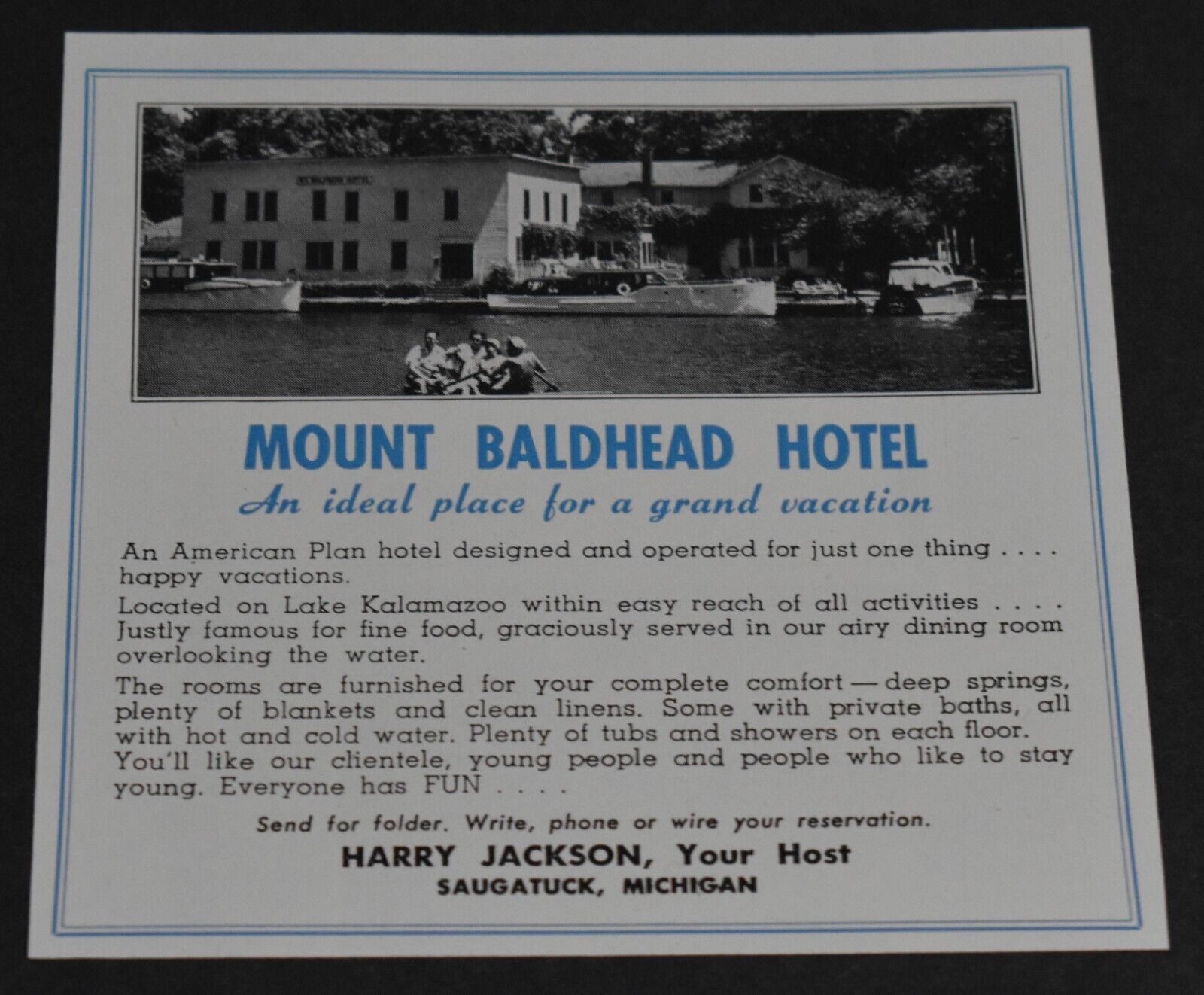 1951 Print Ad Michigan Saugatuck Mount Baldhead Hotel Happy Vacations Lake art