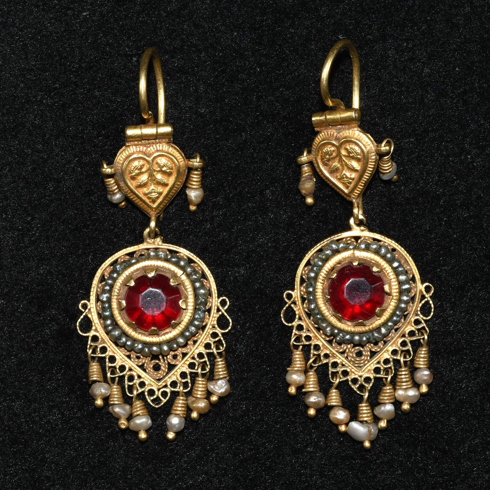 Pair of Ancient Islamic Gold Earrings with Garnet & Pearl Inlay Ca. 11th Century