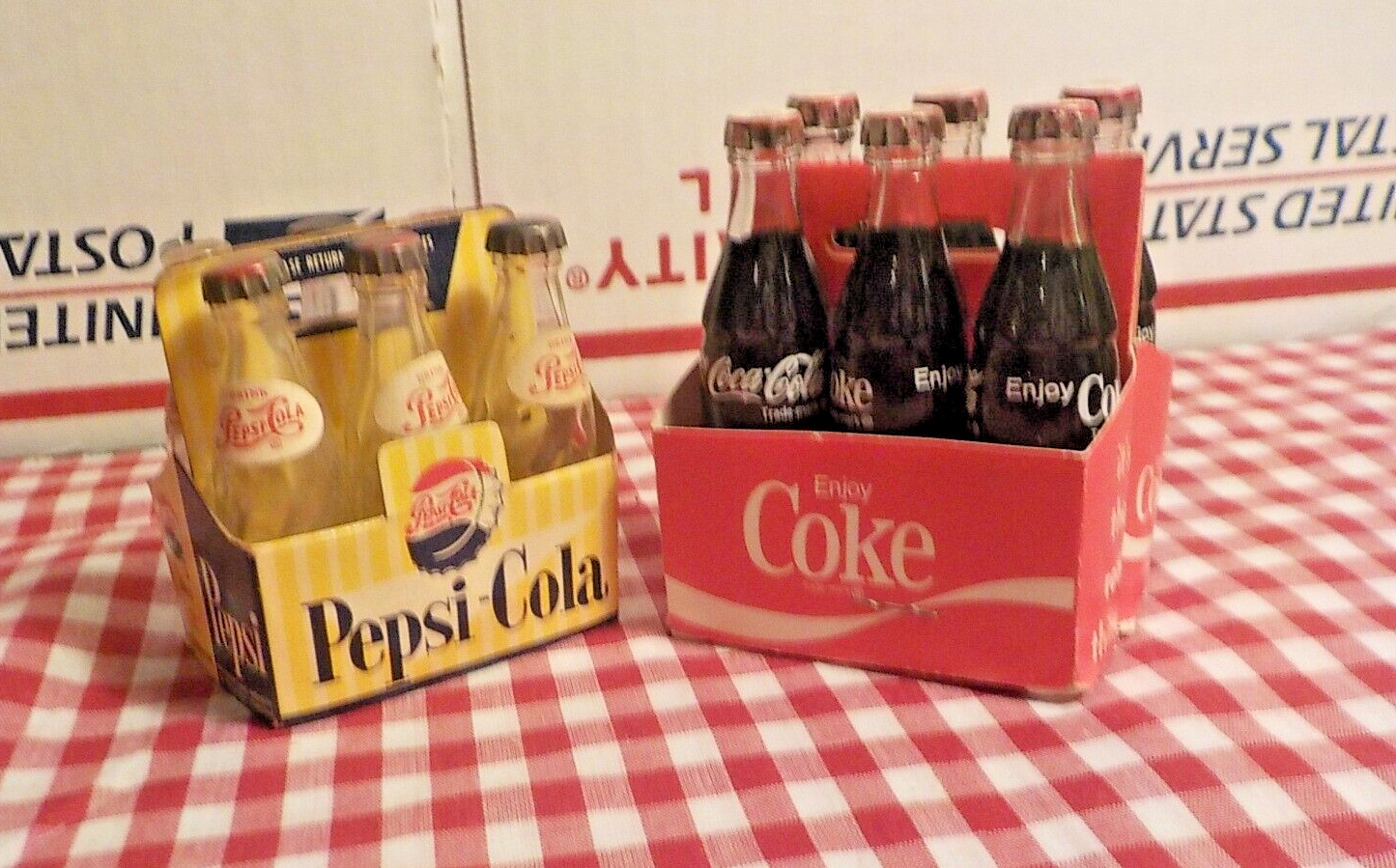 2 Six Packs Miniature Pepsi Cola & Coca Cola Bottles Cardboard Crates