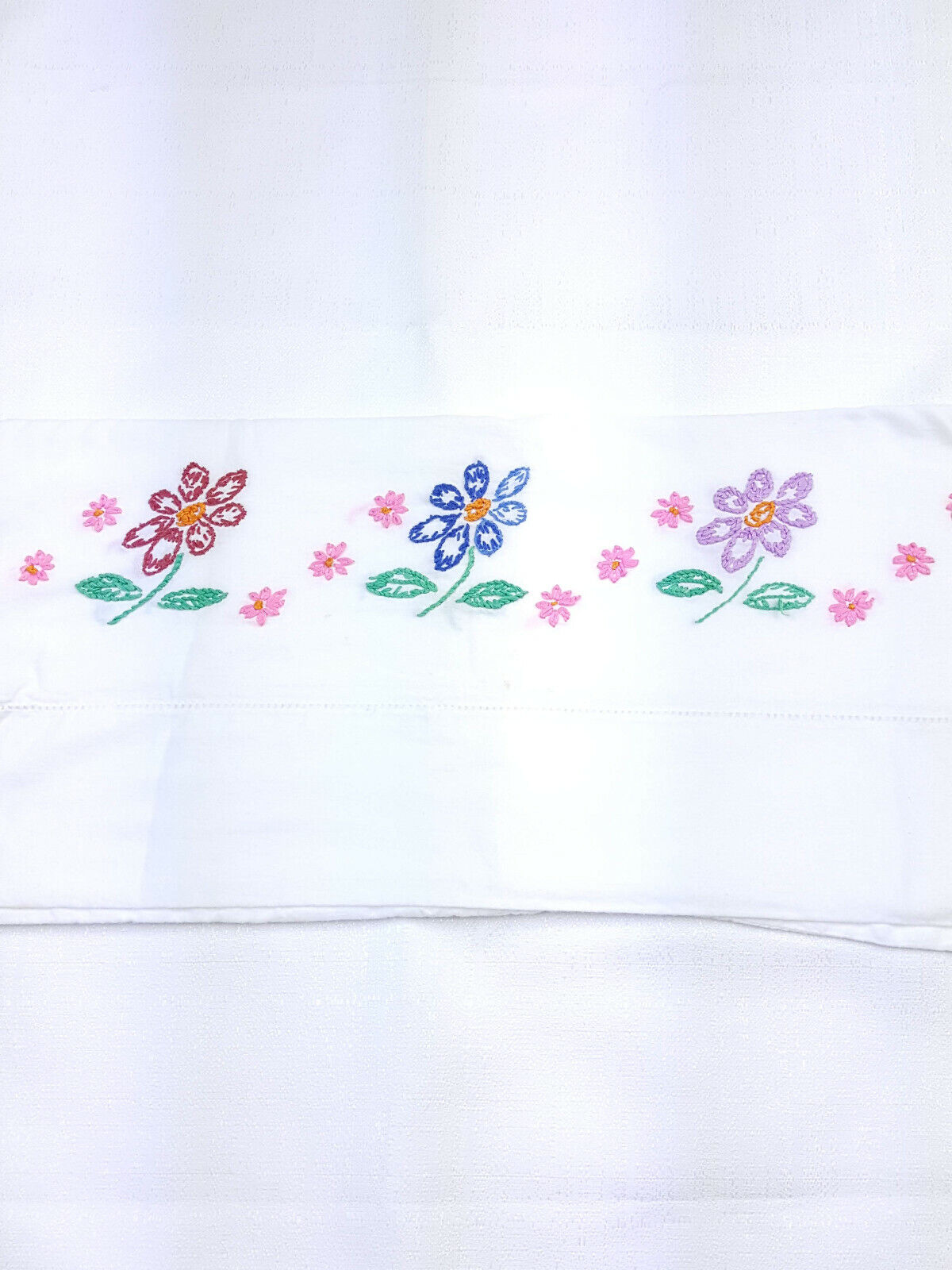 vintage 1 standard pillowcases embroidery flowers daisies handmade purple blue