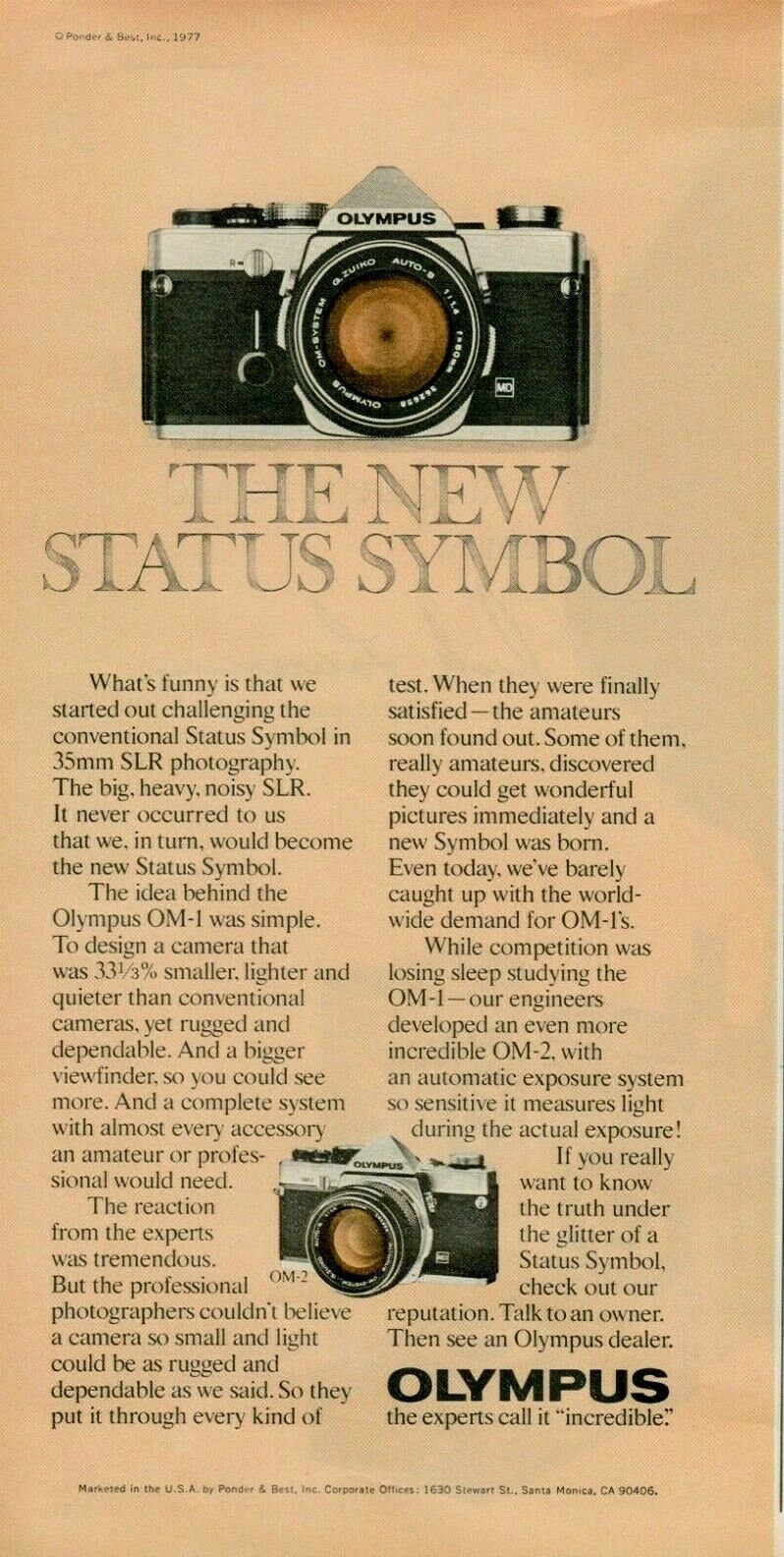 1977 Olympus OM-1 35mm SLR Camera Photography New Status Symbol Vintage Print Ad