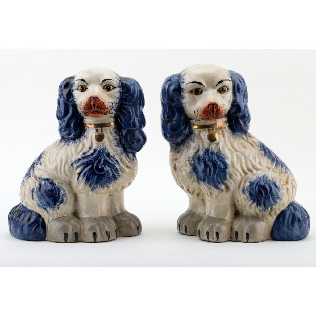 NEW STAFFORDSHIRE BLUE AND WHITE POTTERY SPANIELS DOGS FIGURINES FIGURES