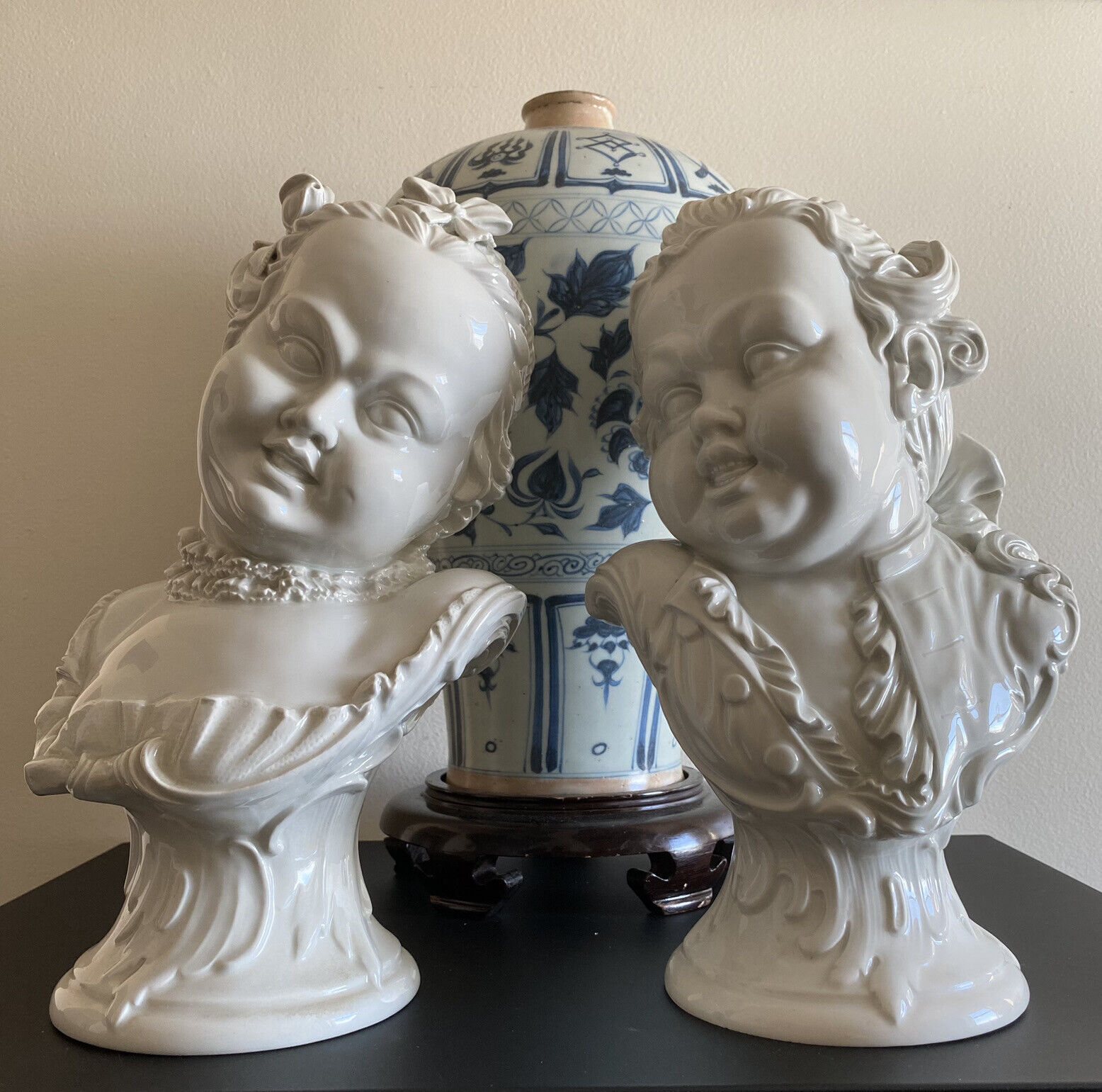 Pair Fine Porcelain Busts Nymphenburg Boy/Girl German 18th C Rococo Meissen