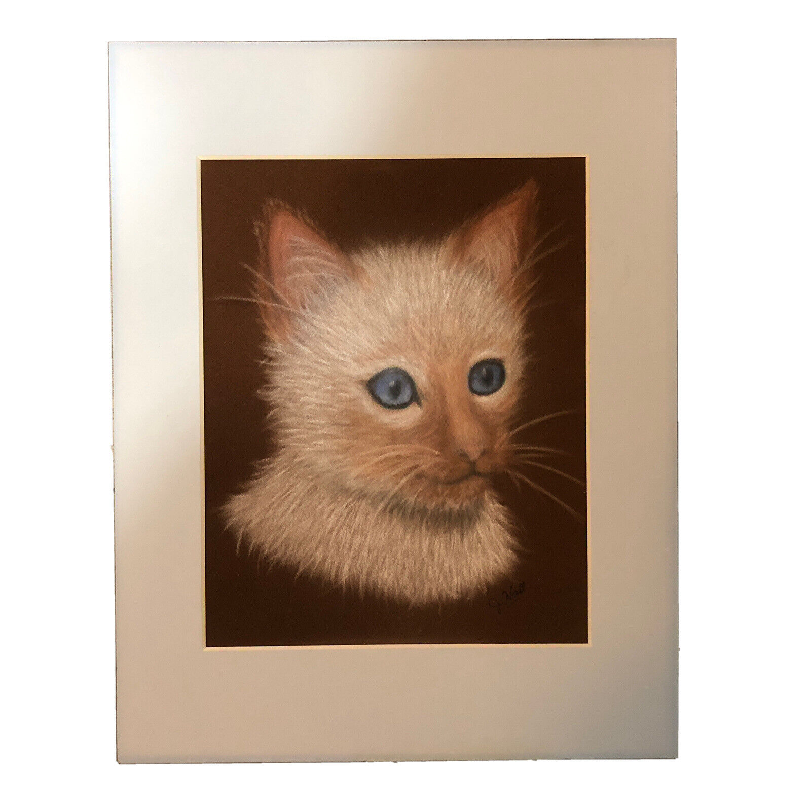Vintage Cat Pastel Chalk Drawing White Siamese Kitten 8 x 10 Original Art