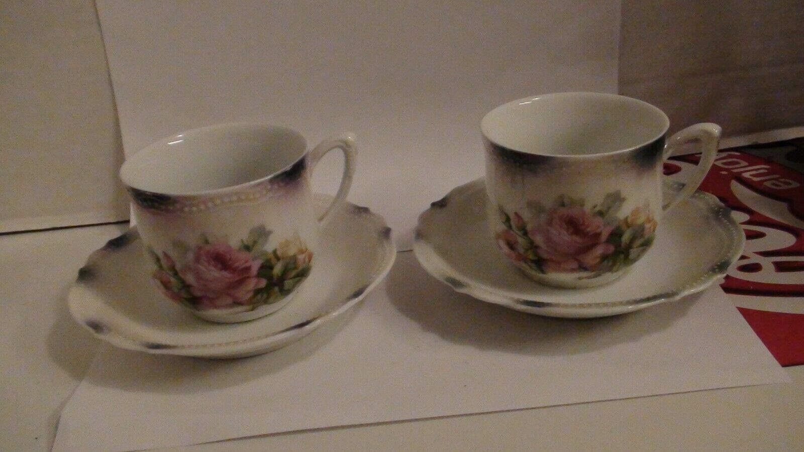 Antique Set of 2 PK Silesia German Porcelain Rink Rose Cups & Saucers