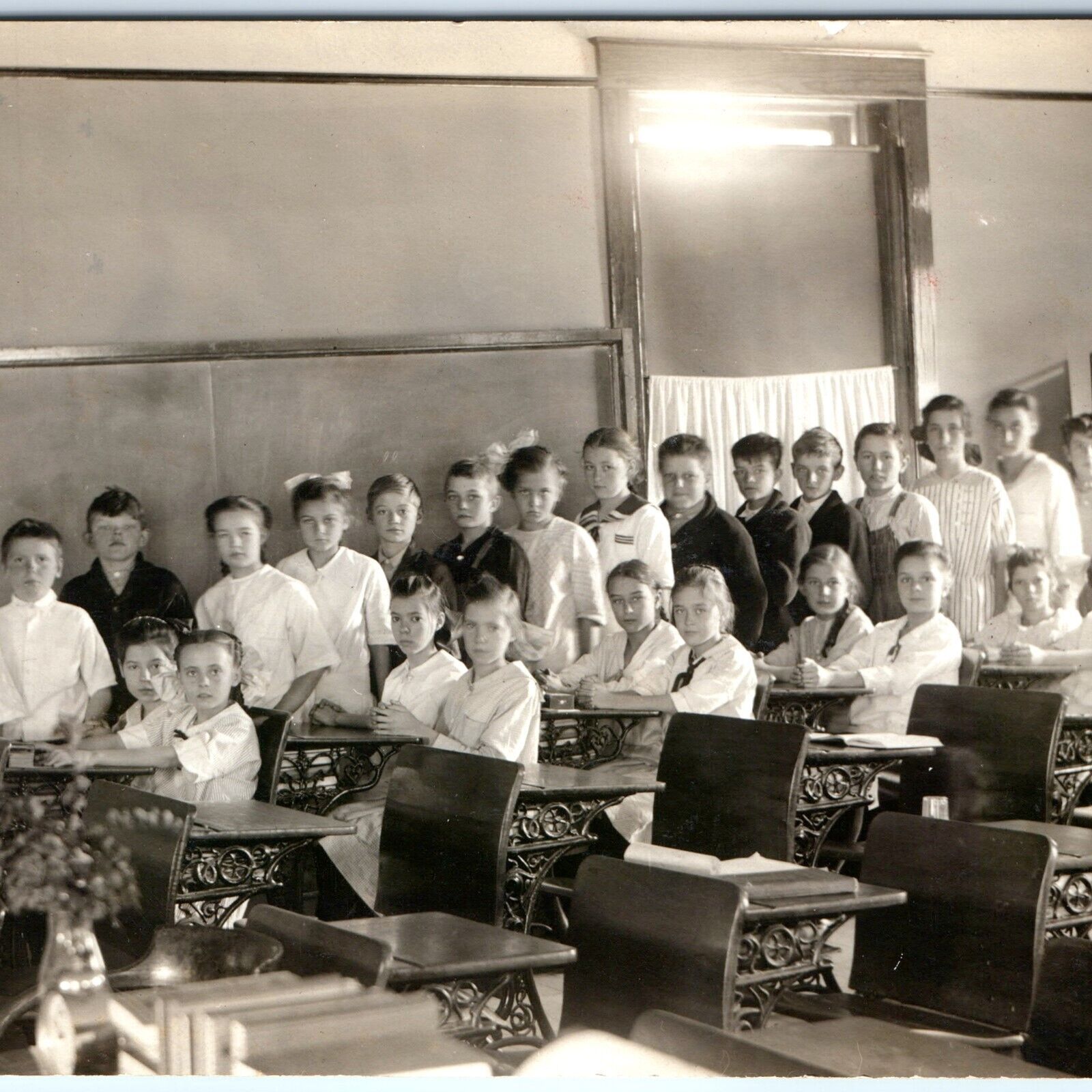 c1910s School Classroom Students Group RPPC Ornate Cast Desk Real Photo A147