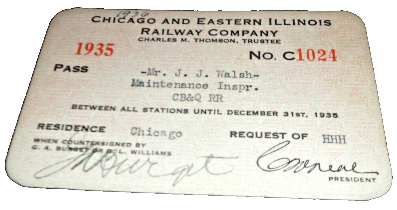 1935 C&EI CHICAGO & EASTERN ILLINOIS EMPLOYEE PASS #1024