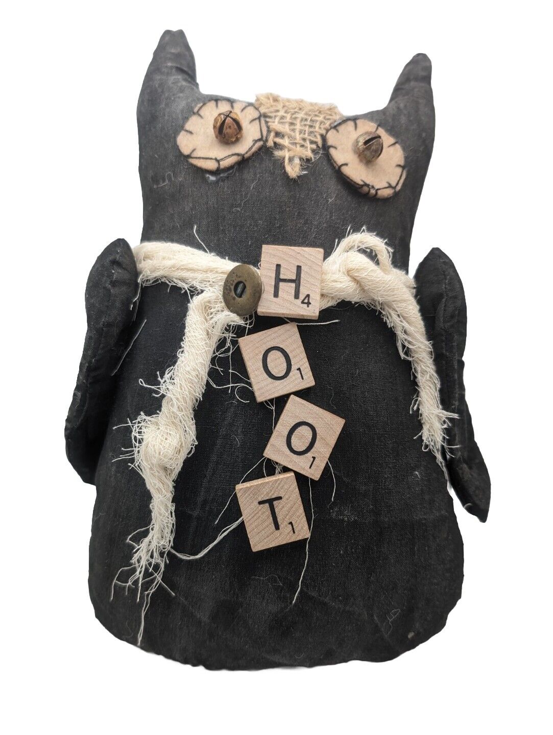 Primitive BLACK Owl  Doll Hoot - Stiff Fabric 9.5+\
