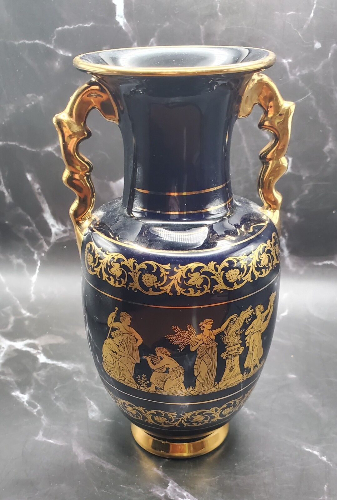 VTG late 70's Spyropoulos Cobalt Blue 24K Gold Handmade in Greece Porcelain Vase