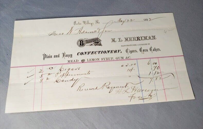 1882 H L Herriman Confectionary Cigars Corn Cakes Letterhead Sales Receipt