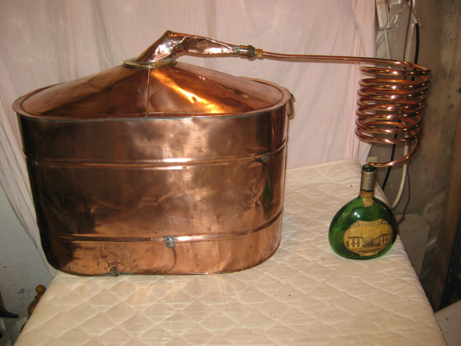 Antique 7-8 Gal Copper Moonshine Still w/Coil +OLD MATEUS Bottle-A MAN CAVE MUST