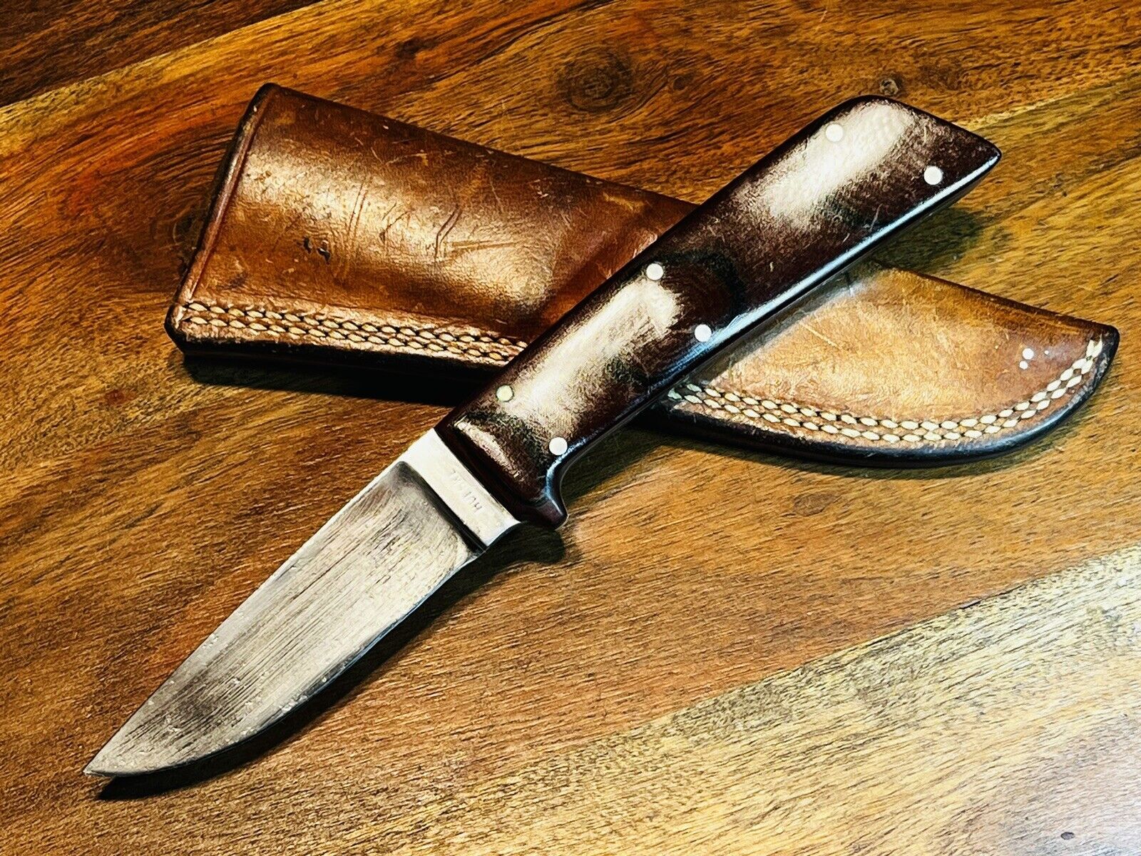 Vintage Chubby Hueske 1419 Fixed Blade Knife + Original Leather Sheath 