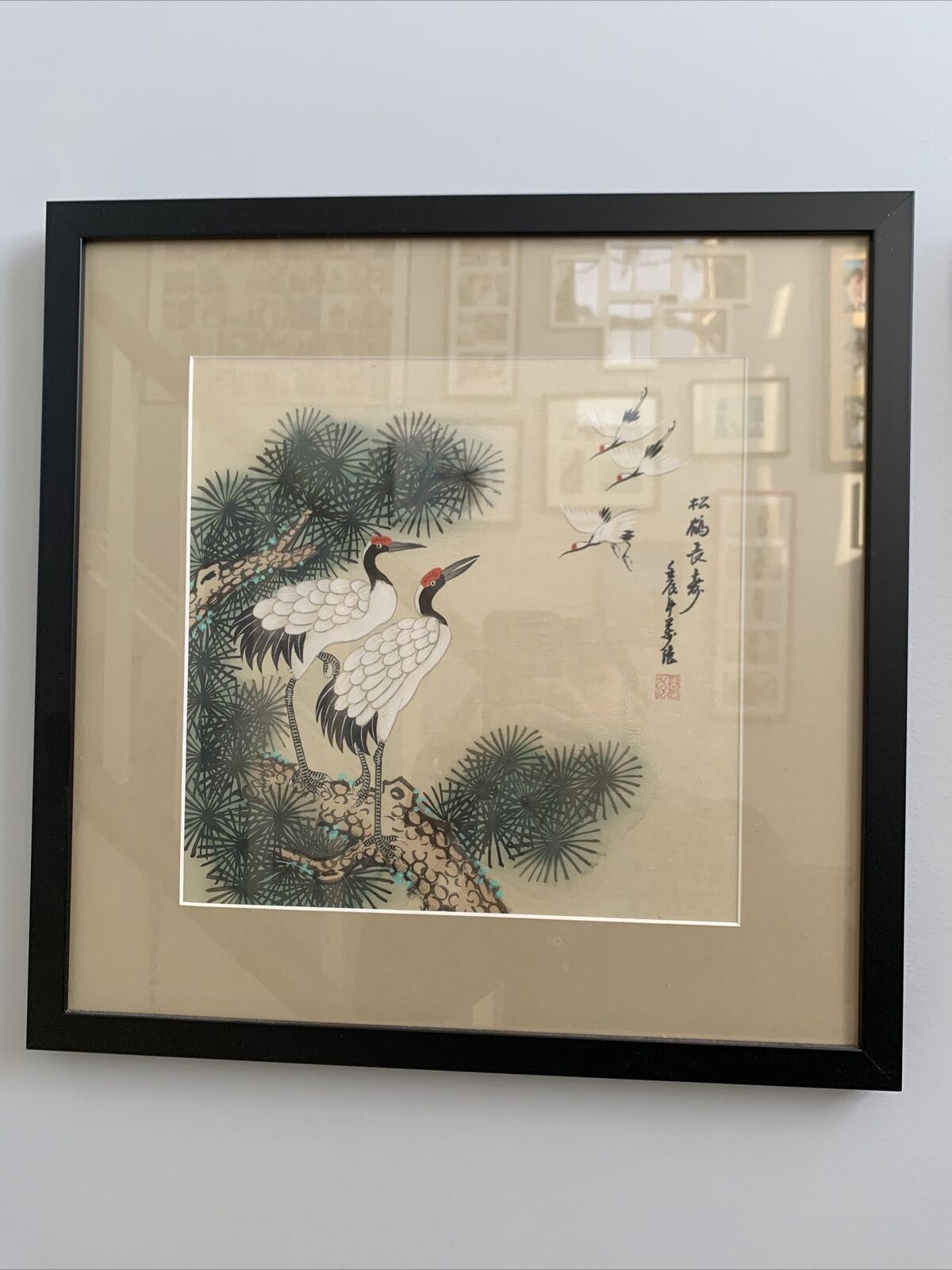 chinese painting on silk Pair Of cranes Bird Framed Original  17x17 Inch