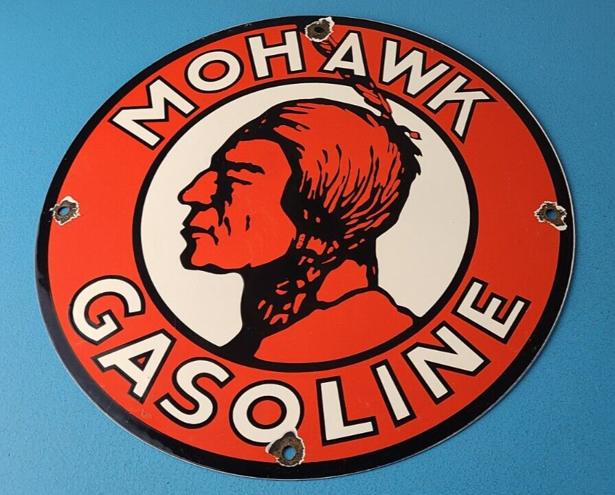 Vintage Mohawk Gasoline Sign - Gas Motor Oil Pump Plate Porcelain Indian Sign