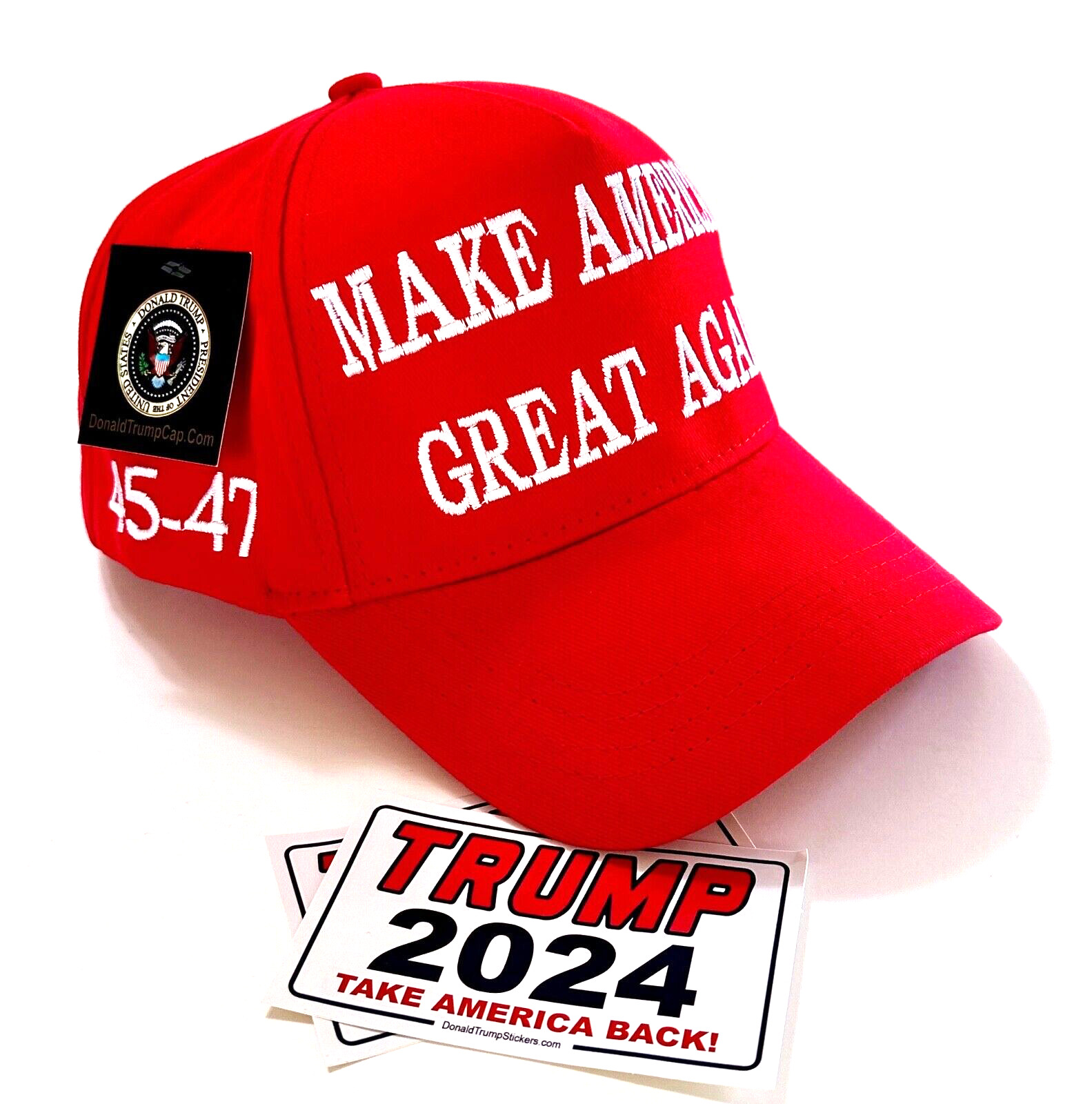 President Trump 45-47 Hat..2024..Make America Great Again..MAGA..Red + 2 Decals