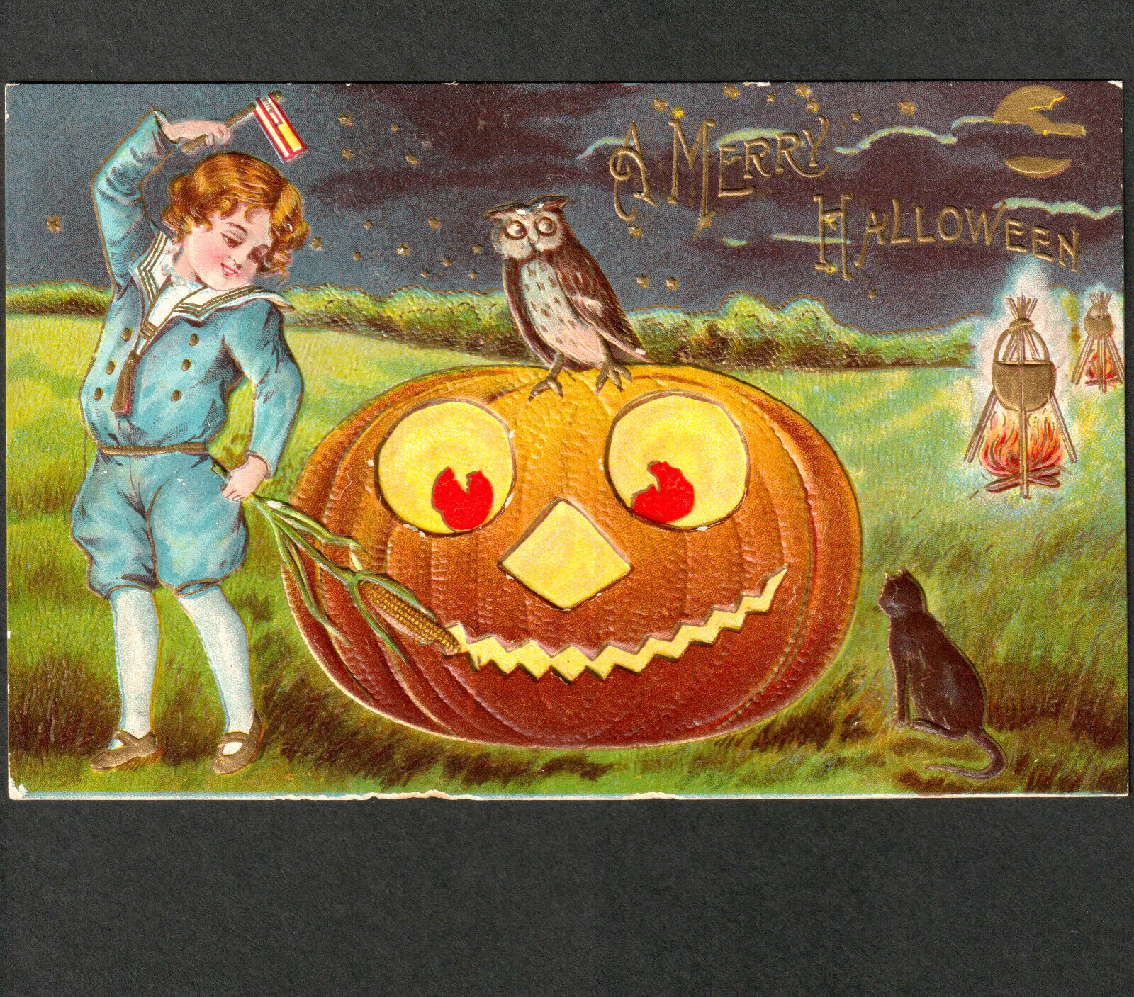 A Merry Halloween 1910 P Sanders SA2 Cauldron Fire Pumpkin Flag Owl Cat PostCard