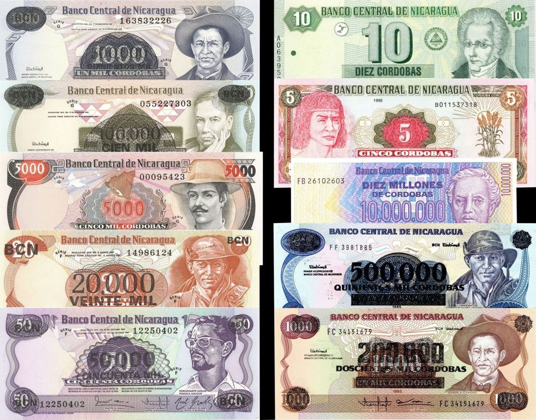 Nicaragua - Collection of 10 Banknotes - 1985-2003 dated Foreign Paper Money - P