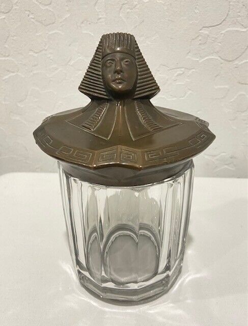 1920s Egyptian Revival Metal & Glass Tobacco & Cigar Humidor with Pharaoh Head