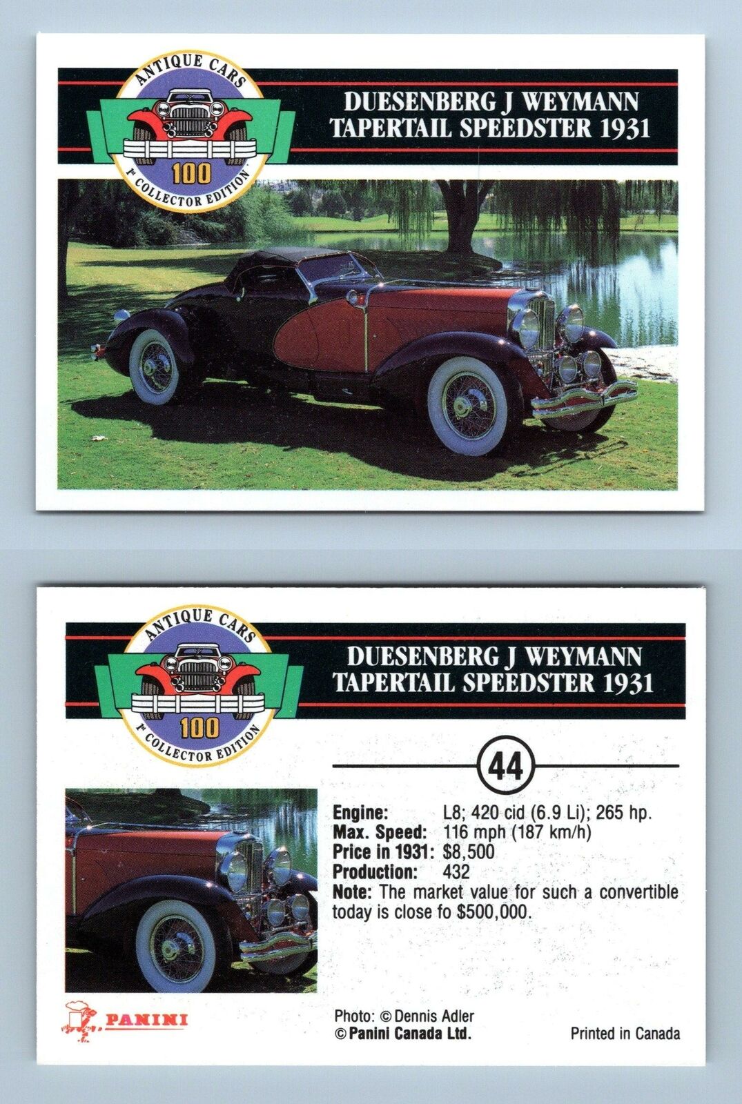 Duesenberg J Weymann Tapertail Speedster #44 Antique Cars 1992 Panini Card