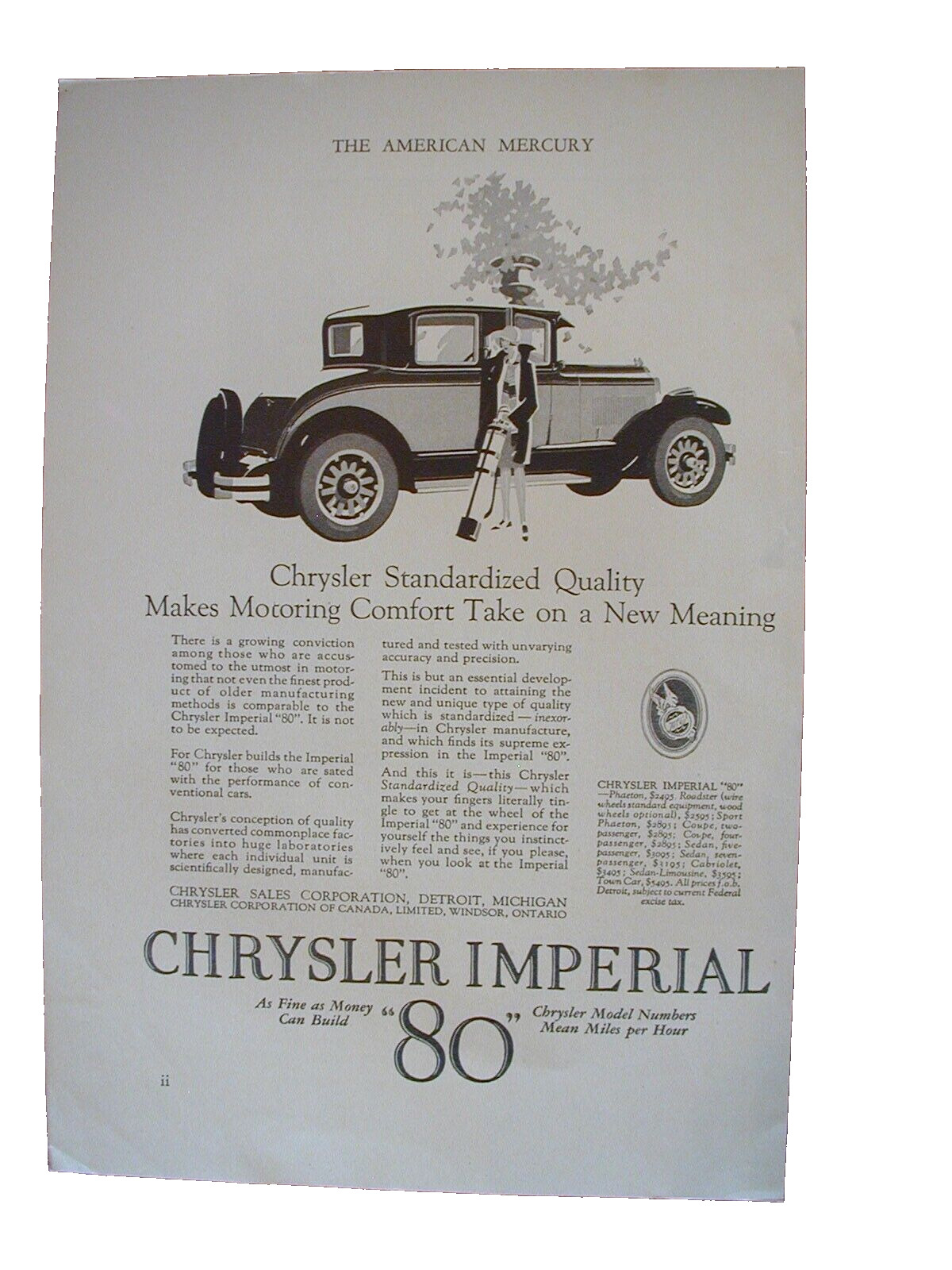 1926 Chrysler Imperial 80, Kuppenheimer Men\'s Suits 2 sided Vintage PRINT AD 67