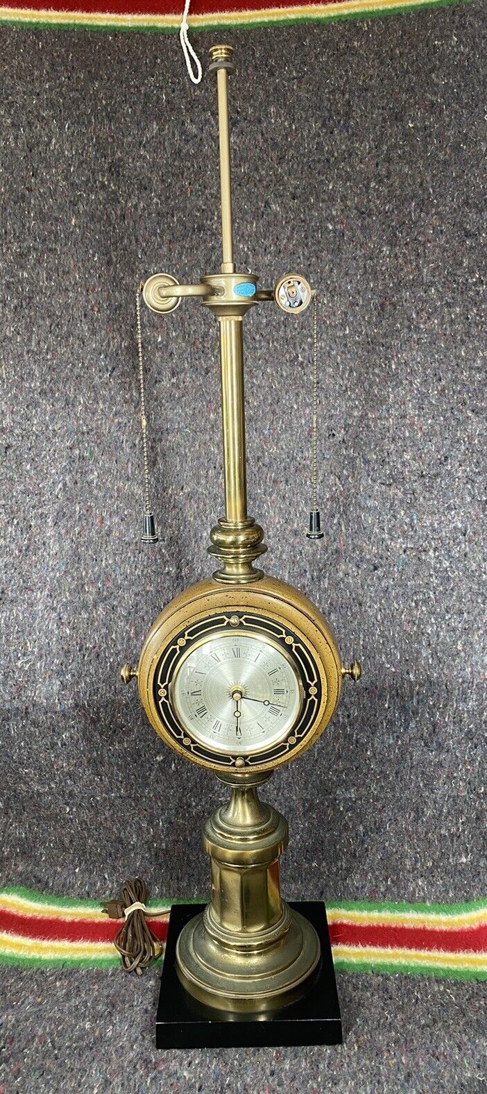 Vintage Stiffel Nautical Style Lamp w/Clock & Barometer 38’ Bronze & Oak 2 Light